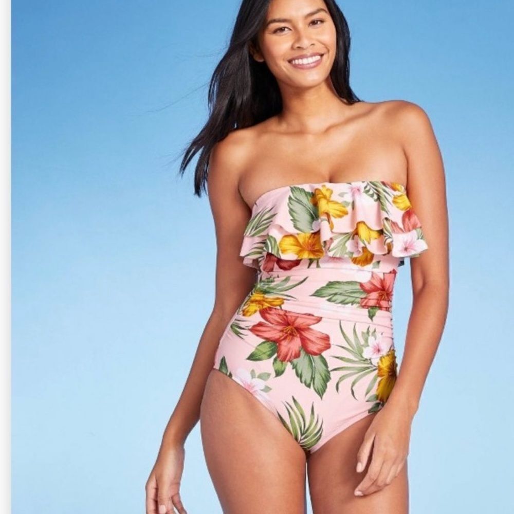 NWT Kona Sol Double Flounce Front Floral Swimsuit D22